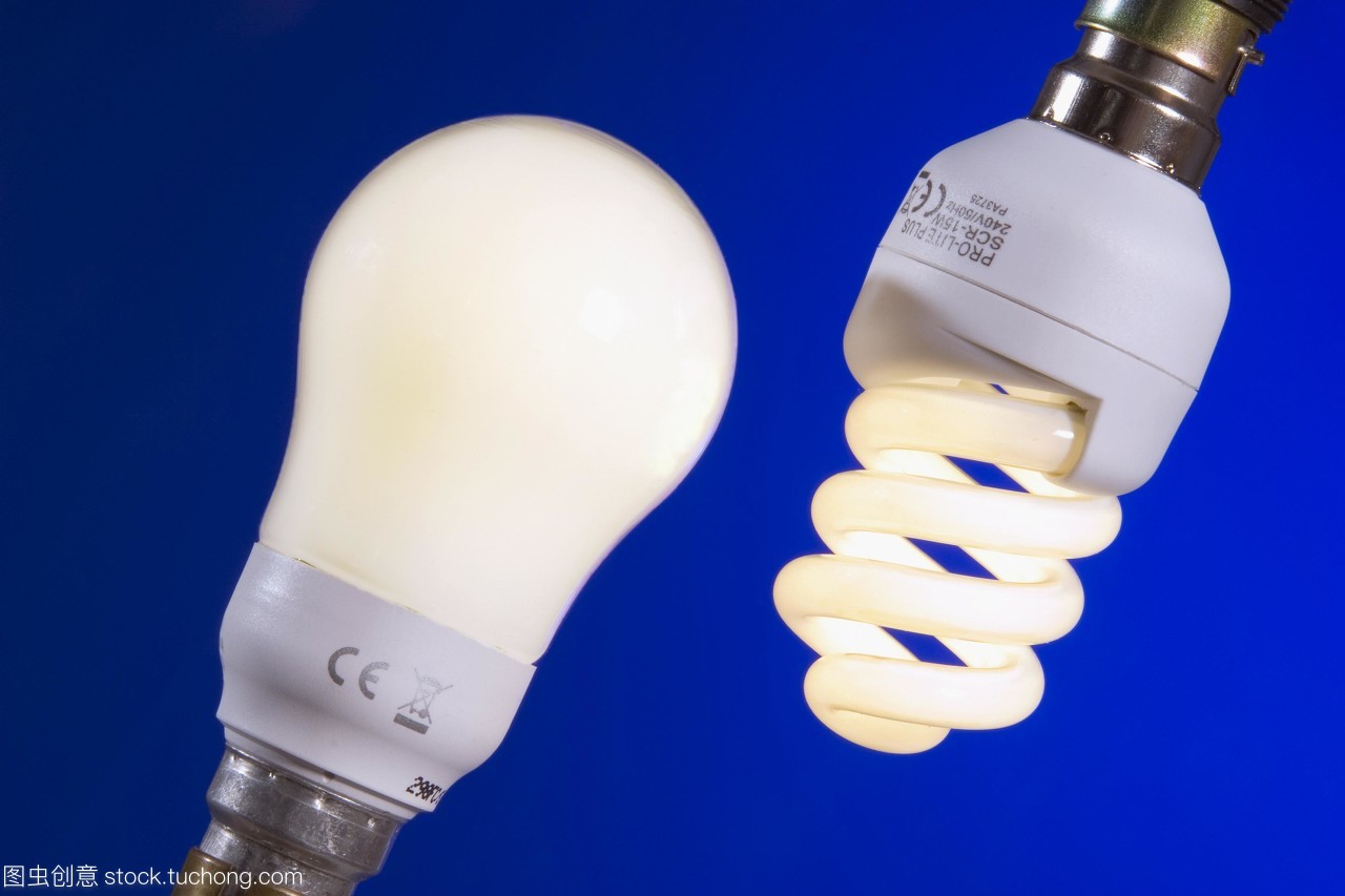 節(jié)能燈泡。兩種不同類型的緊湊型熒光燈cfl或節(jié)能燈泡,包括螺旋型左和圓形右。螺旋型為11瓦,相當于60瓦白熾燈。圓型為15瓦,相當于75瓦白熾燈。熒光燈泡比燈絲燈泡產(chǎn)生的熱量要少,因此更多的電能轉化為光,使它們更有效率。